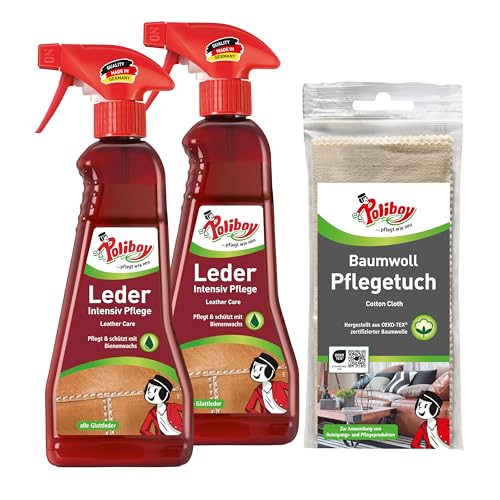 POLIBOY Leder Intensiv Pflege - Farblose Lederpflegecreme für Glattleder - 2x 375ml - Mit Baumwolltuch - Made in Germany
