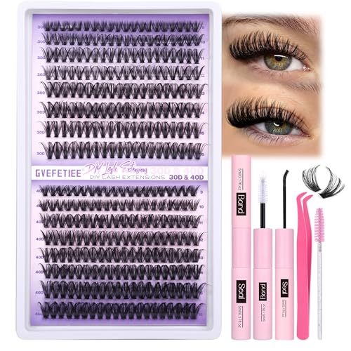 Wimpern Extensions 320Pcs Lash Extensions Set Wimpernverlängerung Set Cluster Lashes Set 30D+40D Einzelne Wimpern mit Lash Bond and Seal Wimpern Pinzette Bürste von GVEFETIEE (0.07D-9-16MIX KIT)