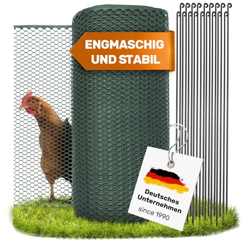 SELFmania Hühnerzaun 25m lang | ENGMASCHIG STABIL UV-SCHUTZ 120 cm hoch | Freilaufgehege Hühner mit 21 Befestigungsstäben + 25 U-Heringe | Kleintiere | Geflügelzaun | Hühner Zubehör