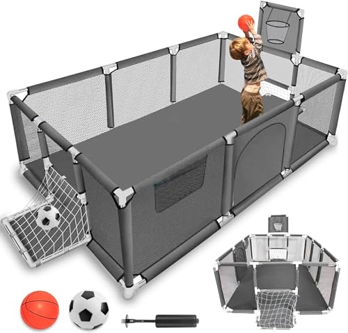 Laufstall Baby,Laufstall Baby Faltbar182Cm*122Cm,Baby Playpen,Mit Atmungsaktivem Netz,Basketballkorb Und Fußballleiter,Baby Laufgitter,Aktivitätszentrum Baby