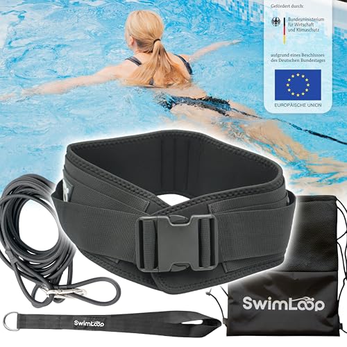 SWIMLOOP Premium Schwimmgurt Schwimmtrainer mit 2 x 2 Meter elastischen Gummibändern - Zugseil - Schwimmseil für Pool wie Gegenstromanlage zum Einhängen - Bauchgurt mit Schwimmband Widerstandstraining
