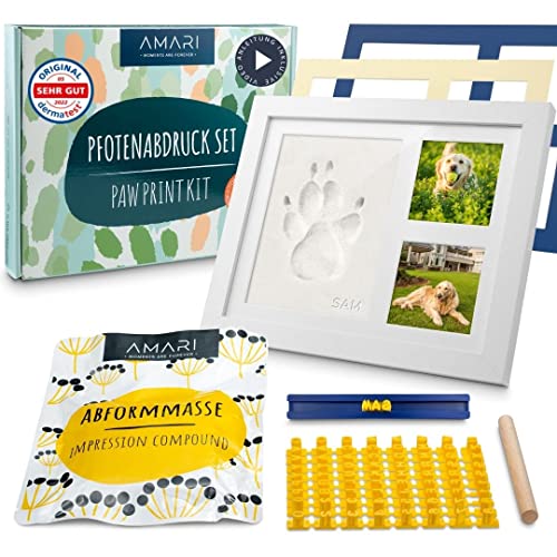 Amari ® Pfotenabdruck Set – Abdruckset für Tiere mit Buchstaben, Zahlen und Bilderrahmen – Pfotenabdruck Set Hunde Pfotenabdruck Set Katze Geschenk für Hundebesitzer Erinnerung Hund Bilderrahmen