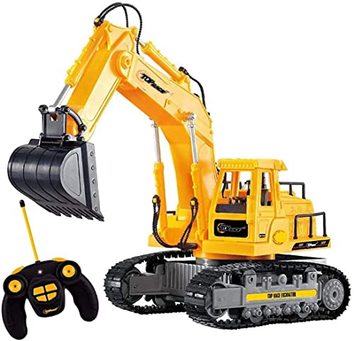Top Race Ferngesteuerter Bagger Spielzeug, Voll funktionsfähiger RC Bauwagen Spielzeug für Kinder, RC Traktor im Maßstab 1:50, 7 Kanal Bagger Spielzeug mit Licht und Sound für Jungen und Mädchen