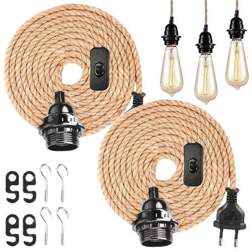 E27 Lampenfassung mit Kabel, 2 Stück 4,5M Gedrehten E27 Fassung mit Kabel Vintage Pendelleuchte Lampenfassung mit Schalter Lampenkabel Hanfseil für Dining Hall Farmhouse Schlafzimmer, Ohne Glühbirne