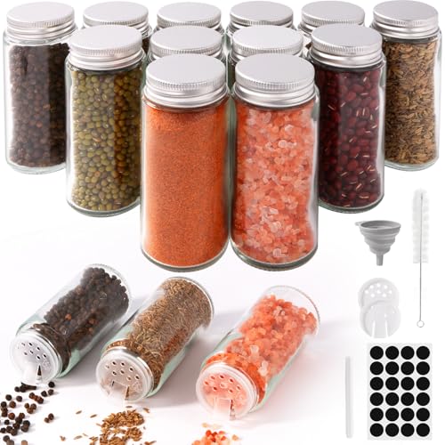 FoiiLiio Gewürzgläser Runder Set 12er, 120ml Gewürzdosen Glas, Gewürzbehälter Spice Jars, Gewürze Aufbewahrung, Gewürz Organizer, Gewürzaufbewahrung - inkl. Etiketten & Streueinsatz & Silikontrichter
