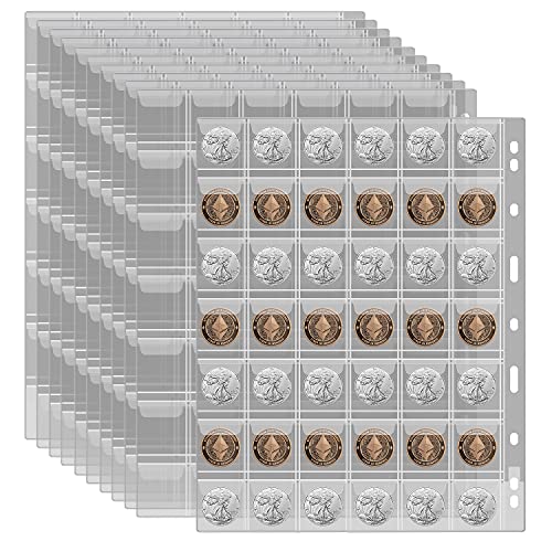 12 Blatt Münzsammlungs-Zubehörseiten, Münzsammel-Buch-Album-Schutzhüllen mit Standard-9-Loch für Münzbinder, Währungshalter, Aufbewahrung für Pennies, Viertelmünzen, Briefmarken (42 Fächer)