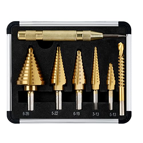 flintronic Stufenbohrer, 5 Stück (5 – 13 mm, 3 – 13 mm, 6 – 19 mm, 5 – 22 mm, 6 – 35 mm), 1 automatischer Zentralbohrer + 1 Spiralbohrer, konischer Schneidbohrer mit Doppelschlitz, Titanbeschichtung,