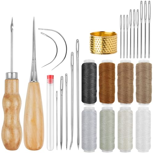 Sinofort Leder Nähset,27 Stück Leder Werkzeug Set, Lederhandwerk Ledernähset Enthalten,Nähen Werkzeug, Nähahle, Nahttrenner, Nähgarn für Reparaturen, Handnähen, DIY-Lederhandwerk