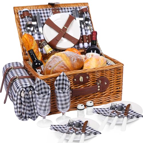 HYBDAMAI Picknickkorb Set für 4 Person mit Kühlfach und wasserdichte Picknickdecke, Abnehmbarer Riemen, Weinbeutel, Besteck Set, für Camping, Strand, Wandern, BBQ und Familie/Paare Geschenke, Zubehör