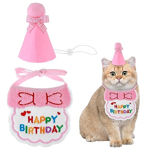 Amaxiu Geburtstagsmütze Schal-Set für kleine Hunde und Katzen, niedliches Haustier Geburtstags Bandana Partyzubehör Welpen Happy Birthday Dekorationen Besticktes für Mädchen Jungen Kätzchen(Rosa)