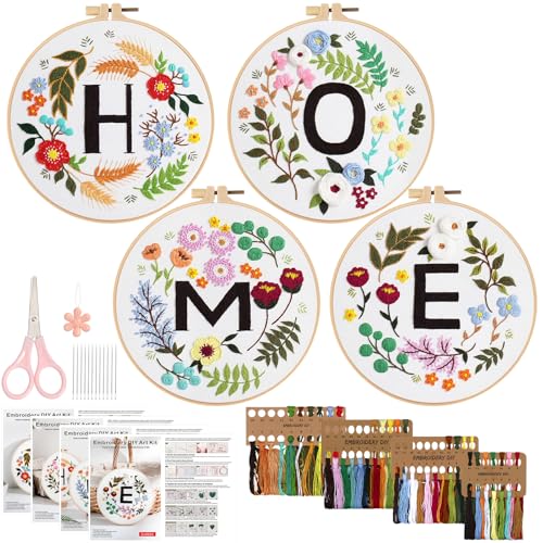 LOMOHOO Stickset für Anfänger, 4 Sticken Set Erwachsene Blumenmuster Pflanzen Stickerei Set Home Embroidery Kit Hobby Sticken für Anfänger Set mit Stickrahmen Stoff Anleitung Fäden Werkzeuge