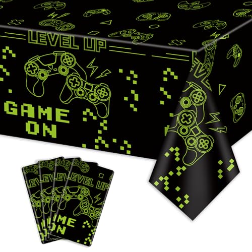 PTECDROTS 4Pcs Game On Tischtücher grüne Videospiel-Party-Tischabdeckungen, rechteckige Tischdekoration für Jungen Gamer Level Up Gaming Party Supplies, 130 x 220cm