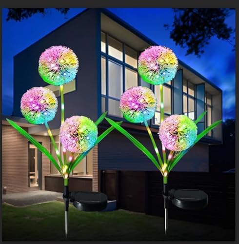 Hqynss Solarlampen für Außen Garten, 2 Stück Solarleuchten Garten Deko Lampen Löwenzahn mit Mehrfarbig LED, IP65 Wasserdicht Solar Blumen Gartenleuchte Beleuchtung für Outdoor, Aussen, Balkon,Terrasse