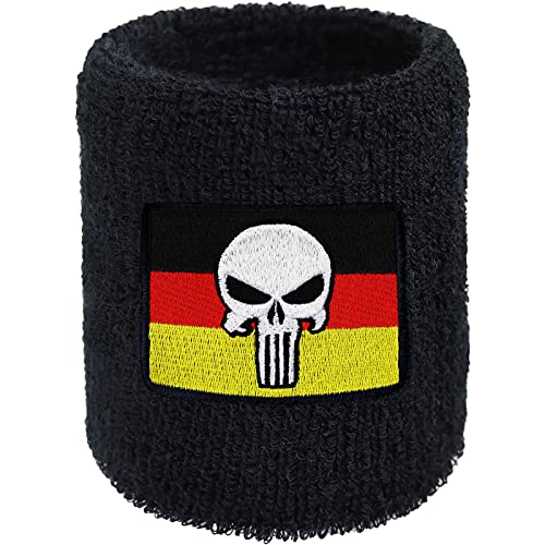 Germany Punisher Schweissband Deutsche Flagge Totenkopf Stickerei Designer Schweißband & absorbierendes Frottee Sport Wristband Armband für Biker, Rocker Statement Protest