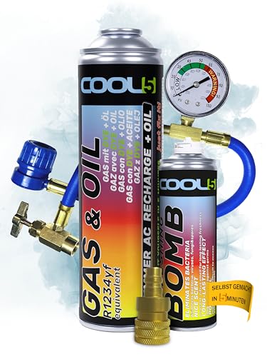 COOL5 2in1 - r1234yf kältemittel nachfüllset mit Öl, für Klimaanlagenbefüllung für Fahrzeuge nach 2016 + Messschlauch + Refresher Bombe + Adapter + Universalreiniger 500ml