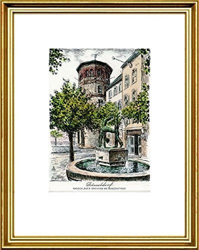 Kunstverlag Christoph Falk Handkolorierte Radierung Düsseldorf, Radschläger Brunnen im Rahmen Goldkehle