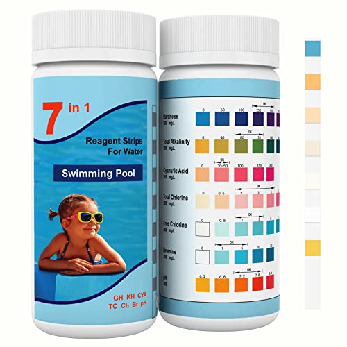 8IN1 Pool Teststreifen, 100 Stück Wasserchemie Teststreifen für Pool,Spa und Whirlpool,Genauer Pool Tester für Salz, Härte, Gesamtalkalität,Cyanursäure, Gesamtchlor, freies Chlor, Bro (7IN1V)