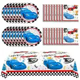 WERNNSAI Rennwagen Partyzubehör Set – karierte Rennwagen Teller Servietten mit Tischdecke Party Dessert Geschirr Set für Kinder Jungen Geschenkpaket für die Rennparty Dekorationen für 16 Gäste