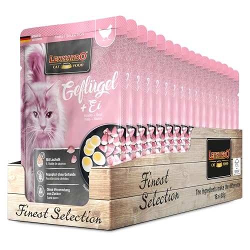 Leonardo Frischebeutel [16x85g Geflügel + Ei] | Getreidefreies Nassfutter für Katzen | Feuchtfutter Alleinfutter im Einzelportionsbeutel