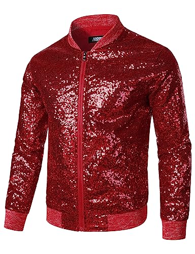 JOGAL Herren Metallic Pailletten Jacke 70er Baseball Bomberjacke Disco Nachtklub Party Kostüm Rot XX-Large