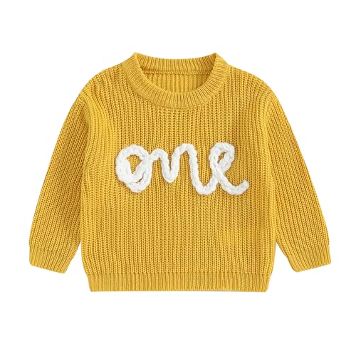 Baby Herbst Pullover Geburtstag Pullover One Stickerei Pullover Erster Geburtstag Rippenstrickpullover Baby 1. Geburtstag Strickpullover Langarm Blumen Buchstaben Pullover (Gelb, 9-12 Months)