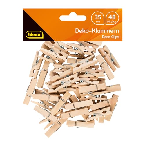 Idena 63134 - Mini Wäscheklammern aus Holz, 48 Stück, ca. 3,5 cm lang, Holzklammern zum Basteln, Dekorieren und Verzieren