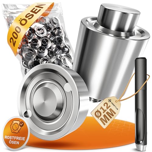 CRAFTUS® Stanzkopf Set (Ø 12mm) für die Alpha Ösenzange – Inkl. 200 rostfreie Edelstahl Ösen & Locheisen – Einfacher Wechsel Dank Schraubgewinde – Ideal für Planen, Banner, Vorhänge UVM.