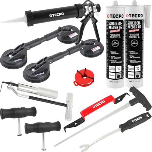 TECPO Scheibenausbauwerkzeug Set, Steinschlag Reparaturset Windschutzscheibe Autoglas Ausbau Werkzeug Satz mit Scheibenkleber, Kartuschenpresse, Gummi Doppelsauger Ø118mm, Schneidedraht, Lösewerkzeug
