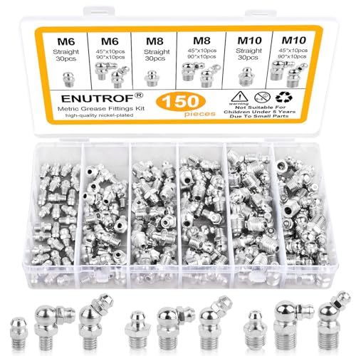 ENUTROF Schmiernippel Sortiment Set 150Stk M6 M8 M10 Kit Kegelschmiernippel Fettnippel 45° 90° 180° mit Aufbewahrungsbox für Schmierpressen Abschmiernippel Kegelnippel