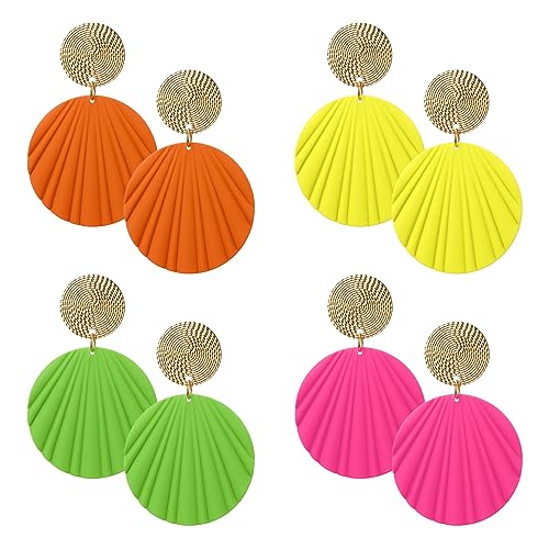 4 Paar Neon Ohrringe Leuchtend Damen Koreanische Statement Ohrringe Bunt Geometrisch Rund für Mädchen Lustige Orange Pink Matte Lackschale Tropfen 80er Jahre Neon Party Accessoires Festival Schmuck