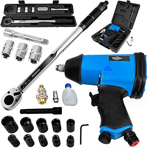 MONZANA® Drehmomentschlüssel 1/2' 6tlg. Set 40-210Nm + Druckluft Schlagschrauber Set 17tlg 340 Nm + Tragekoffer