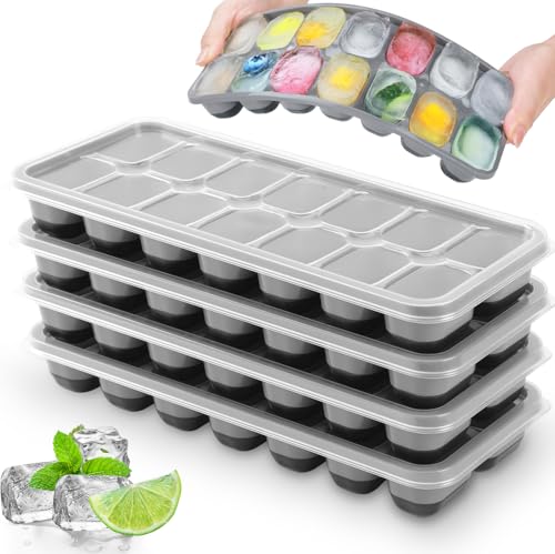 Silikon Eiswürfelform mit Deckel BPA Frei, JRISBO 4 Pack Eiswürfelbehälter Stapelbar & LFGB-Zertifiziert, Sichere Gesunde Eiswürfel Form für Babybrei Cocktail Whiskey Kaffee