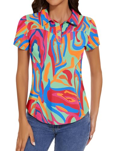 IECCP Poloshirts für Damen Kurzarm Polohemd Schnelltrocknend Golf Sportshirts Leicht Atmungsaktiv Tops Workout Sommershirts 2025 mit 3-Knopfleiste(Rot Druck,XXL)