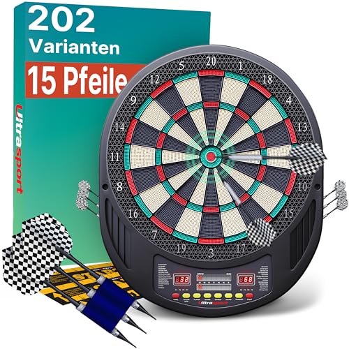 Ultrasport Dartscheibe Elektronisch Profi Set ohne Türen I Elektronische Dartscheibe für 1-8 Spieler mit 15 Darts, 15 Pro Flights, 100 Pfeilspitzen, 3 Startlinien I Dartautomat
