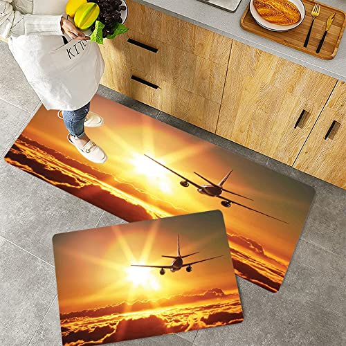 Küchenteppich Teppich Läufer Küchenläufer 2 Stück rutschfest,Landschaft, Flugzeug Flugzeug Widebody Jet fliegen auf Air Rising Sun mit flauschigen Wolk, Waschbar für Flur Küche 40 x 100 cm+40 x 60 cm