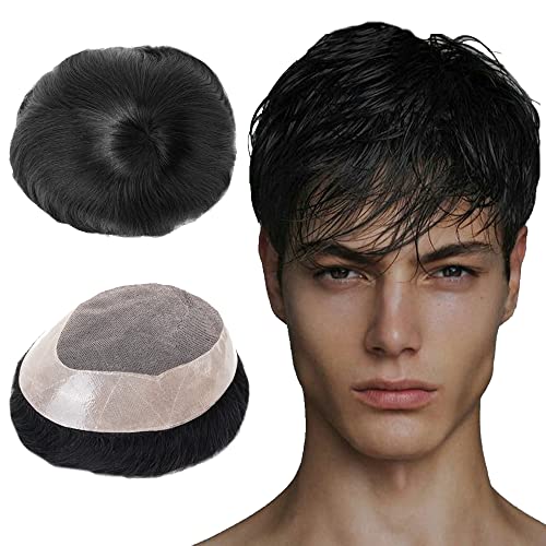 Lordhair Toupet für Männer Haarersatz Systeme Mann, natürliche atmungsaktive Mono-Spitze mit PU-Echthaarperücken für Männer Schwarz Basisgröße (Off Schwarz 1B#,100% Dichte)