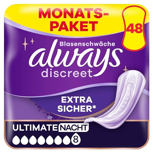 Always Discreet Inkontinenz-Einlagen Ultimate Nacht Monatspaket bei Blasenschwäche, 48 Einlagen (4 Packungen x 12 Stück)