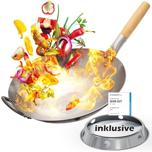 Flavemotion Wok mit Ring für Gasherd, Grill (36 cm, flacher Boden) – handgehämmert, aus Karbonstahl mit Holzgriff, inkl. Aufbewahrungsring