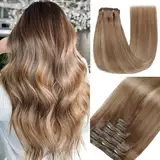 GUDOZO Clip in Extensions Echthaar 7pcs 35cm 80g Hellbraun Mit Goldblond Invisible Haarverlängerung Skin Weft (14 Zoll, 10/10/22#)