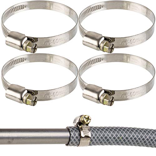 Schlauchschellen mit Schneckenantrieb, 4 Stück, Spannbereich Ø 40-60 mm, für 2" Schläuche, W2 Edelstahl, Kreuzschlitz SW7, 9 mm Bandbreite, Fixierung von Waschmaschine, Spülmaschine Anschluss