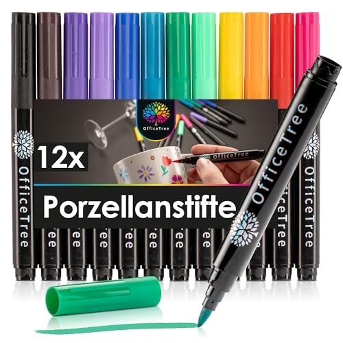 OfficeTree 12 x Porzellanstifte Spülmaschinenfest - 12 Farben - Pinselspitze - Glas und Porzellanstifte auf Wasserbasis - Keramikstifte spülmaschinenfest für Porzellan, Keramik & Glas - Porcelain Pen