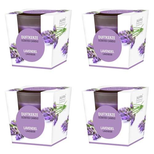 pajoma® Duftkerze 4er Set, Lavendel - im satinierten Glas | 4x 120g Wachsgewicht, Brenndauer: 25 Stunden, in edler Geschenkverpackung | Premium Qualität