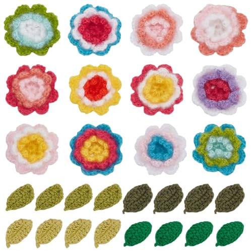 FREEBLOSS 12 Stück Häkel Blumen Applikation, 24 Stück Häkel Blätter Applikation, Handgefertigte Gehäkelte Blumenverzierungen, Zum Aufnähen, Gehäkelte, Gestrickte, Handgefertigte Applikation