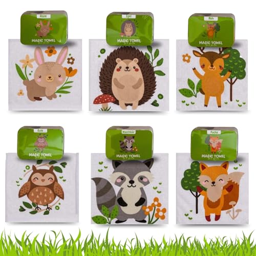 Bada Bing 6er Set Magisches Handtuch - Wald Waldtiere - Baumwoll-Waschlappen - Zauberhandtuch für Kinder ca. 30x30 cm 6fach s. Gastgeschenk Kindergeburtstag Geschenk Mitgebsel