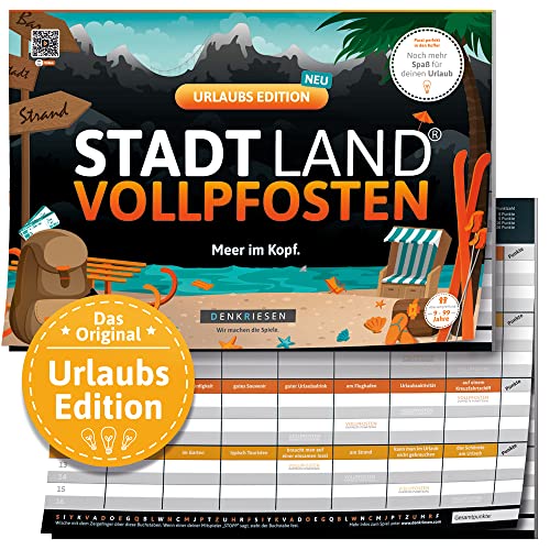 DENKRIESEN - Stadt Land VOLLPFOSTEN® - Urlaubs Edition | DIN A4 Spielblock | Ab 9 Jahren | Familienspiel | Stadt Land Fluss | Ferien & Reisen Thema | 26 Kategorien | Perfekt für Reisefans und Familien