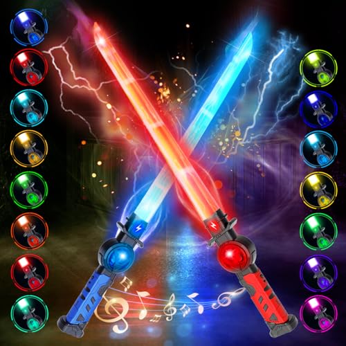 VATOS 2 Stück Wiederaufladbare Lichtschwert für Kinder,15 RGB Variable Farbe Lichtschwert mit Kampf Soundeffekten,2 in 1 Retractable LED Laserschwert Spielzeug für Cosplay,Samurai Themenparty