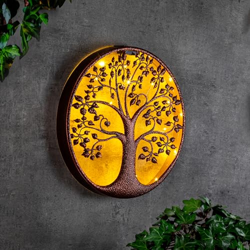 Spetebo LED Solar Wanddeko BAUM antik bronze - 40 cm - Metall Wand Bild warm weiß beleuchtet - Garten Deko Beleuchtung Terrasse Balkon Dekoration