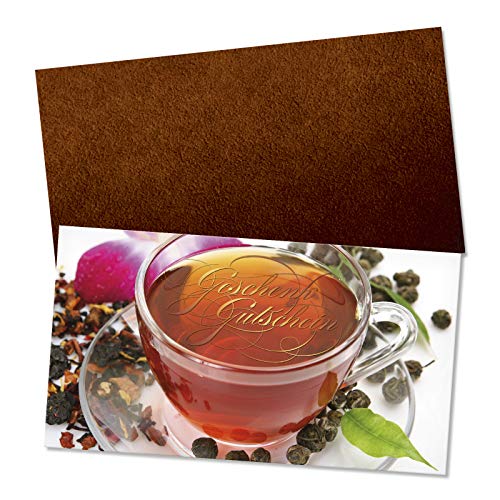 GESCHENKGUTSCHEINcom by POS-HAUER. Gutschein-Set. 10x Gutschein + Kuvert. Für Tee Teehaus Teegeschäfte, blanko zum selber Ausfüllen.