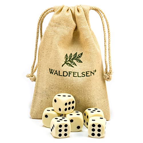 Waldfelsen 6, 12, 20, 30 oder 50 hochqualitative Würfel Standardgröße 16 mm Acrylwürfel Knobel Spielwürfel Dice 6-seitig sechsseitig Spielzubehör Set mit Stoffbeutel (Elfenbeinfarben, 6 Stück)
