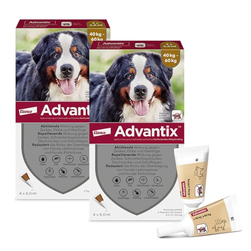 Advantix Sparset: Elanco Spot-On XXL für sehr große Hunde von 40 kg bis 60 kg gegen Zecken, Sandmücken, Stechmücken, Stechfliegen und Flöhe, Wirkung bis zu 4 Wochen, 2 x 4 Pipetten-Packung